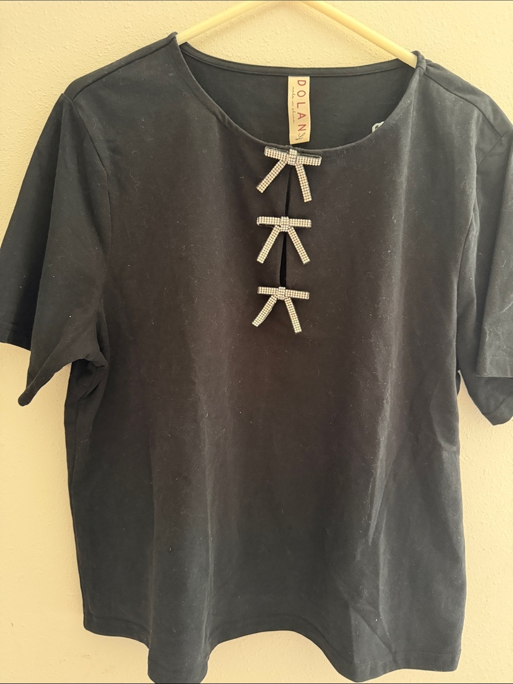 dolan Black Short Sleeve Tee with Rhinestone Bow Trim